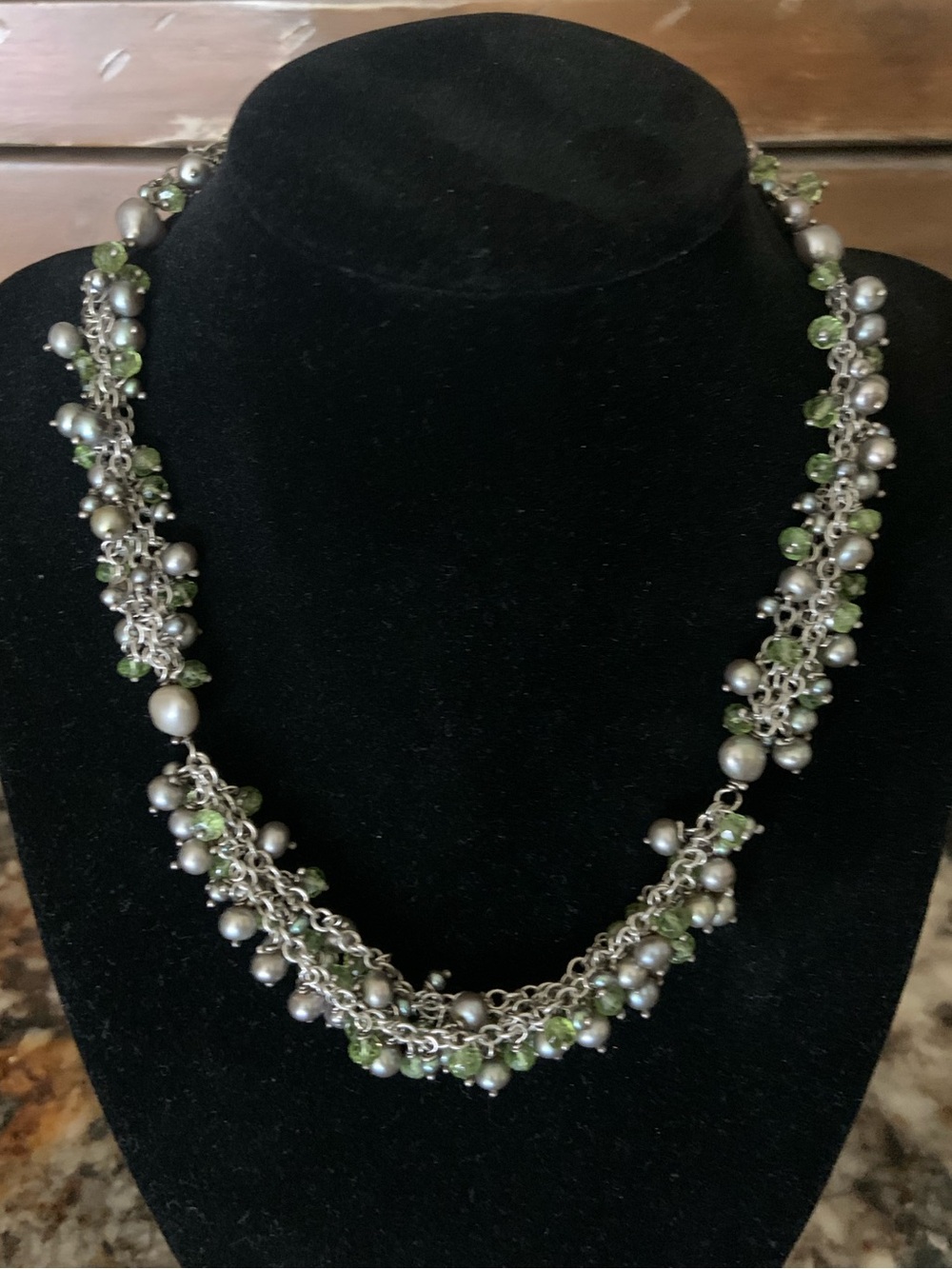Clustered Gray Pearl & Peridot Bead Sterling Silver Necklace